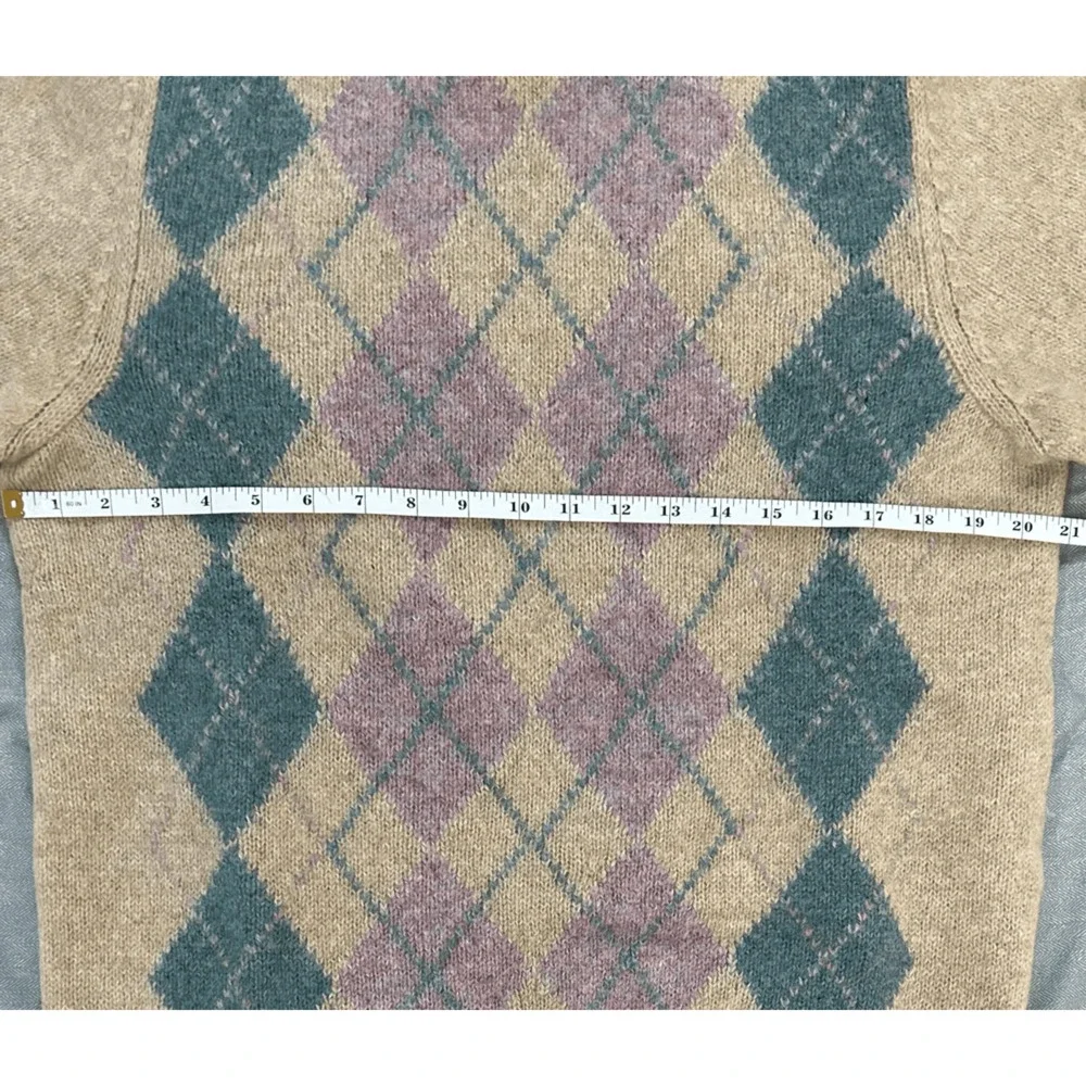 Vintage Trident 100% Shetland Wool Tan Teal Purple Argyle Scotland Sz XL